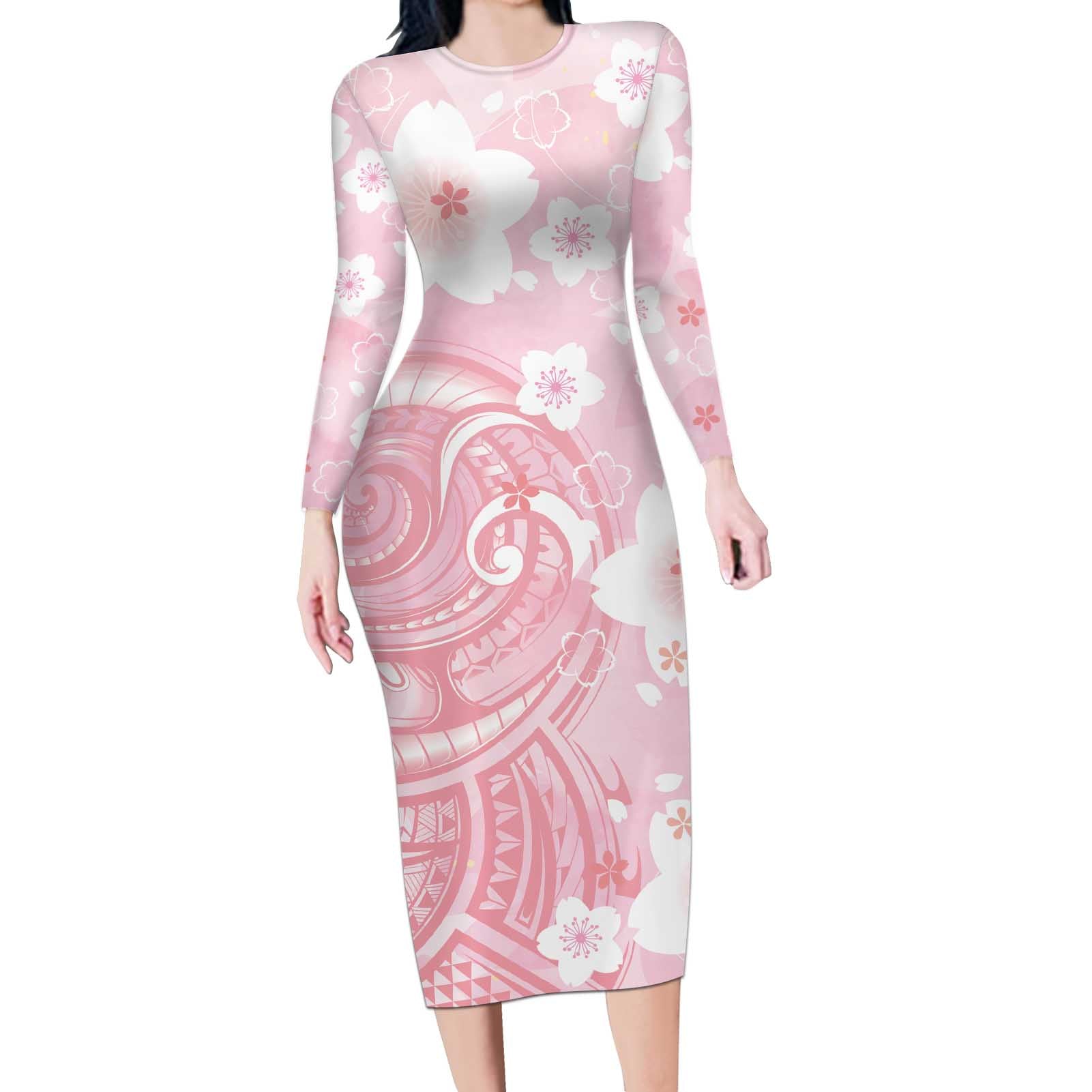 Japan Sakura Floral with Polynesian Vibe Long Sleeve Bodycon Dress