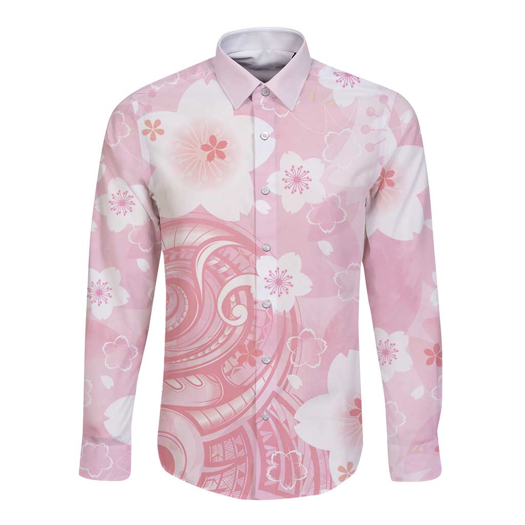 Japan Sakura Floral with Polynesian Vibe Long Sleeve Button Shirt