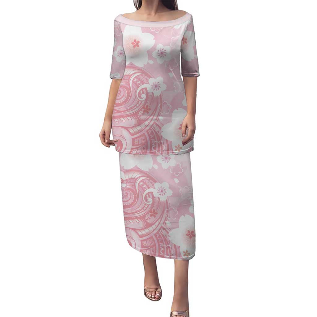 Japan Sakura Floral with Polynesian Vibe Puletasi LT9 Long Dress Pink - Polynesian Pride
