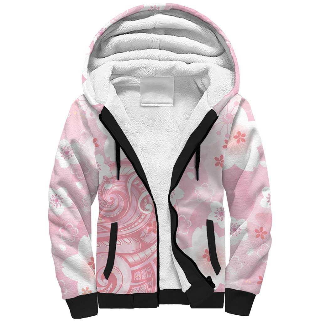 Japan Sakura Floral with Polynesian Vibe Sherpa Hoodie LT9 Unisex Pink - Polynesian Pride