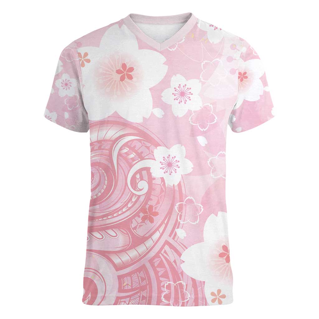 Japan Sakura Floral with Polynesian Vibe Women V-Neck T-Shirt LT9 Female Pink - Polynesian Pride