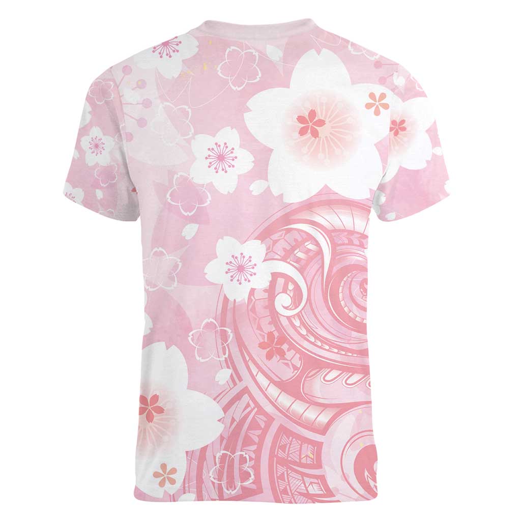 Japan Sakura Floral with Polynesian Vibe Women V-Neck T-Shirt LT9 - Polynesian Pride