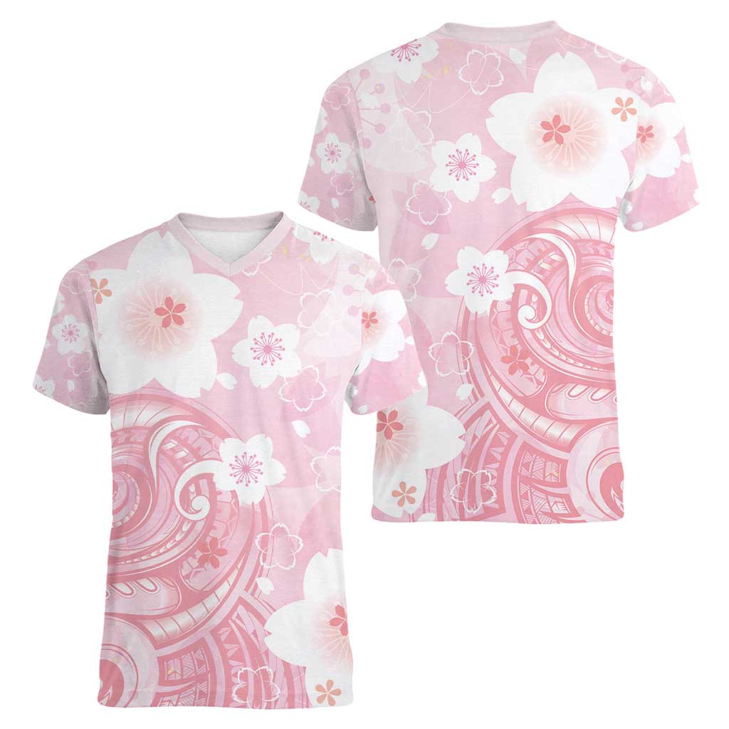 Japan Sakura Floral with Polynesian Vibe Women V-Neck T-Shirt LT9 - Polynesian Pride