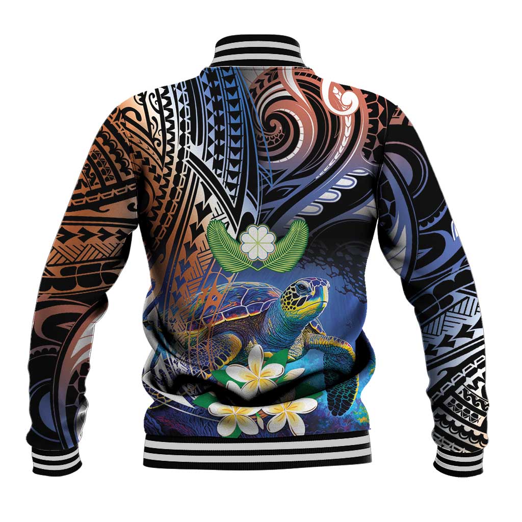 Marshall Islands Kwajalein Atoll Baseball Jacket Plumeria Sea Turtle with Polynesian Tribal