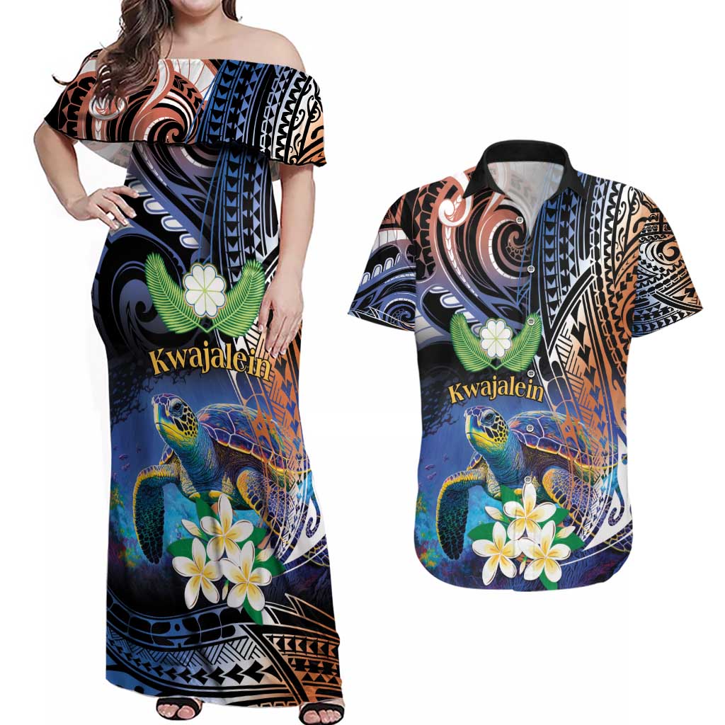 Marshall Islands Kwajalein Atoll Couples Matching Off Shoulder Maxi Dress and Hawaiian Shirt Plumeria Sea Turtle with Polynesian Tribal