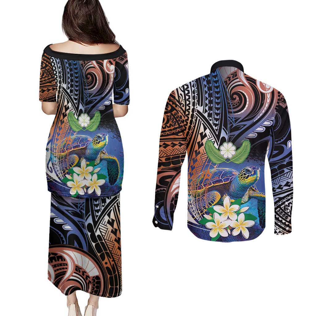 Marshall Islands Kwajalein Atoll Couples Matching Puletasi and Long Sleeve Button Shirt Plumeria Sea Turtle with Polynesian Tribal