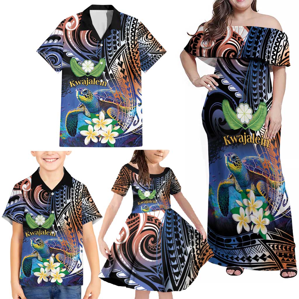 Marshall Islands Kwajalein Atoll Family Matching Off Shoulder Maxi Dress and Hawaiian Shirt Plumeria Sea Turtle with Polynesian Tribal