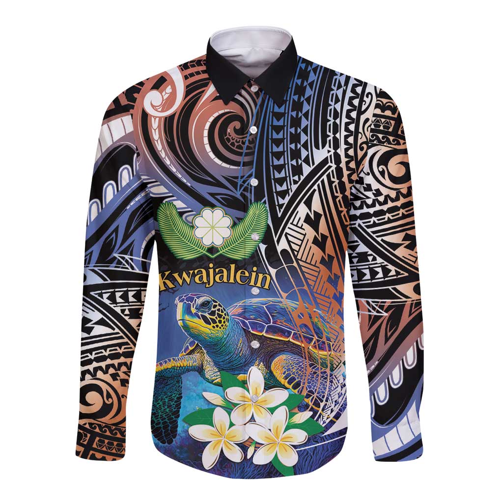 Marshall Islands Kwajalein Atoll Long Sleeve Button Shirt Plumeria Sea Turtle with Polynesian Tribal