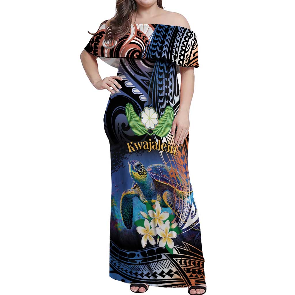 Marshall Islands Kwajalein Atoll Off Shoulder Maxi Dress Plumeria Sea Turtle with Polynesian Tribal