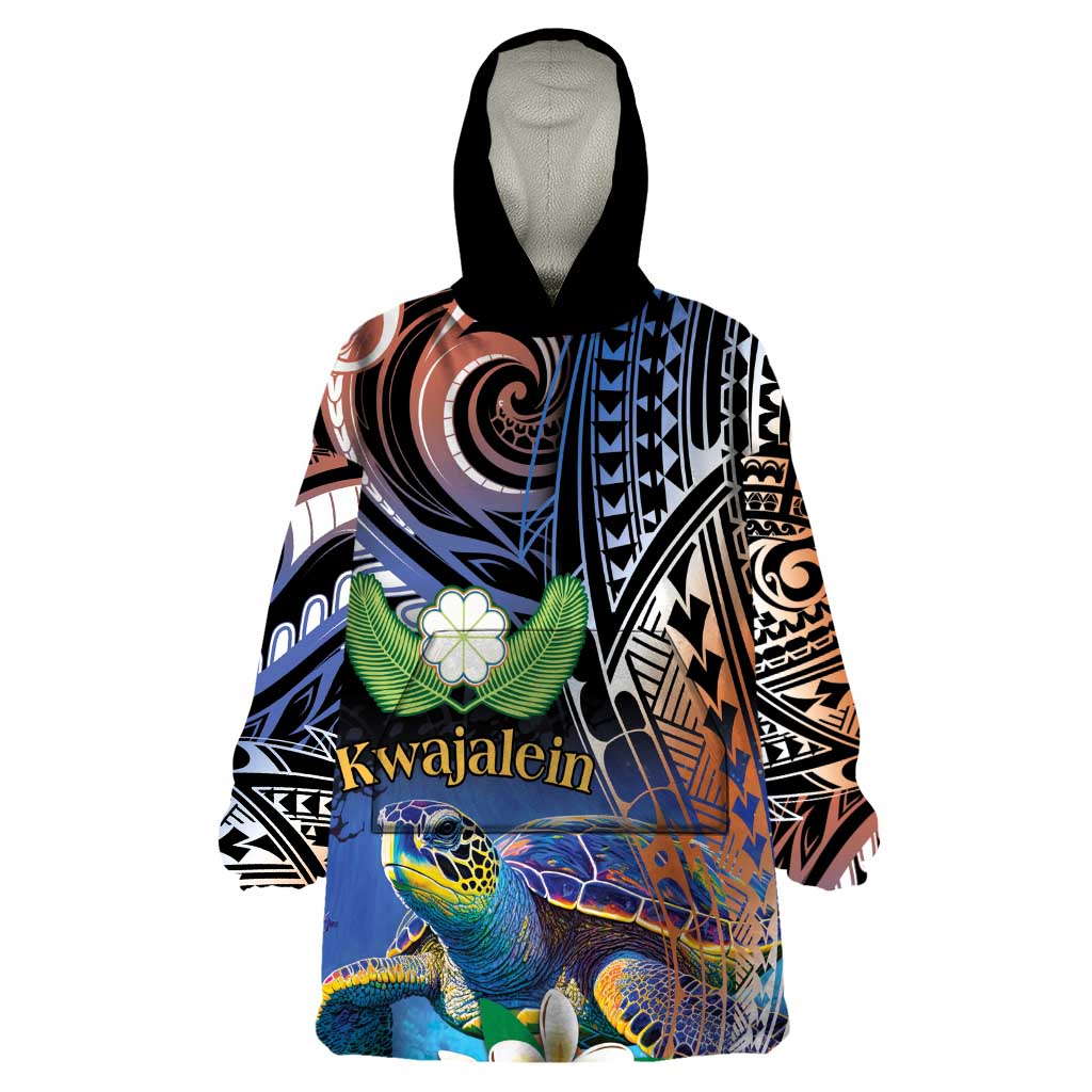 Marshall Islands Kwajalein Atoll Wearable Blanket Hoodie Plumeria Sea Turtle with Polynesian Tribal