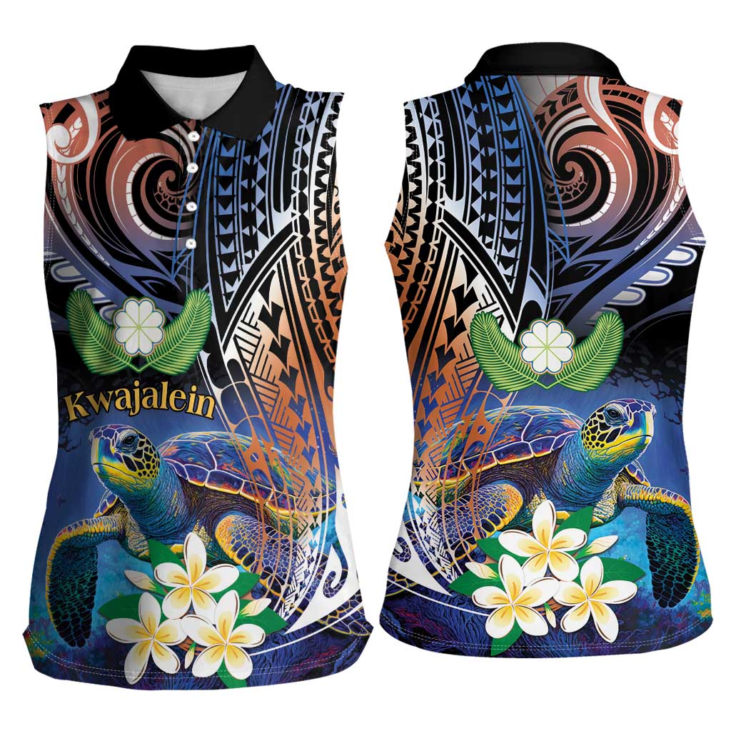 Marshall Islands Kwajalein Atoll Women Sleeveless Polo Shirt Plumeria Sea Turtle with Polynesian Tribal