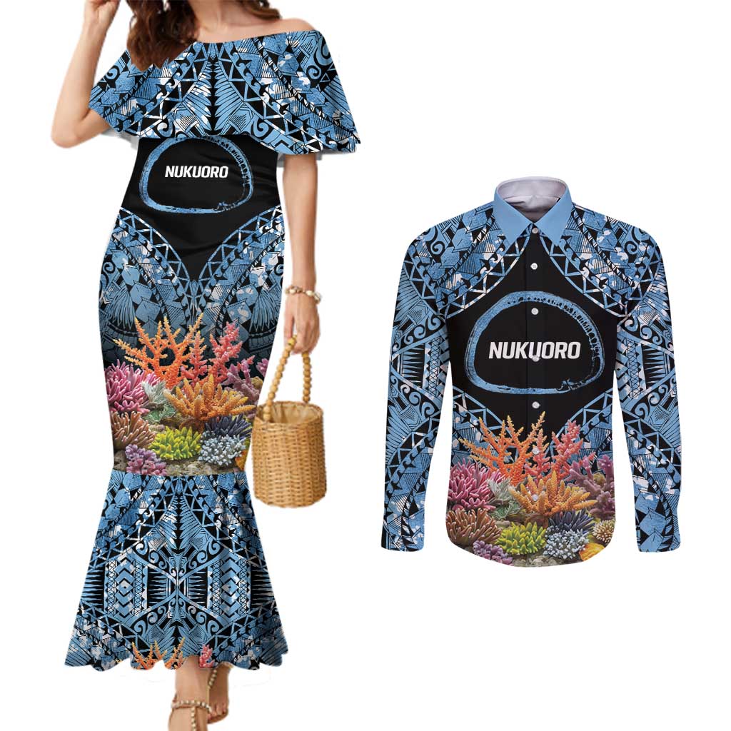 Personalised Nukuoro Micronesia Atoll Couples Matching Mermaid Dress and Long Sleeve Button Shirt with Pacific Coral Reef LT9 Blue - Polynesian Pride