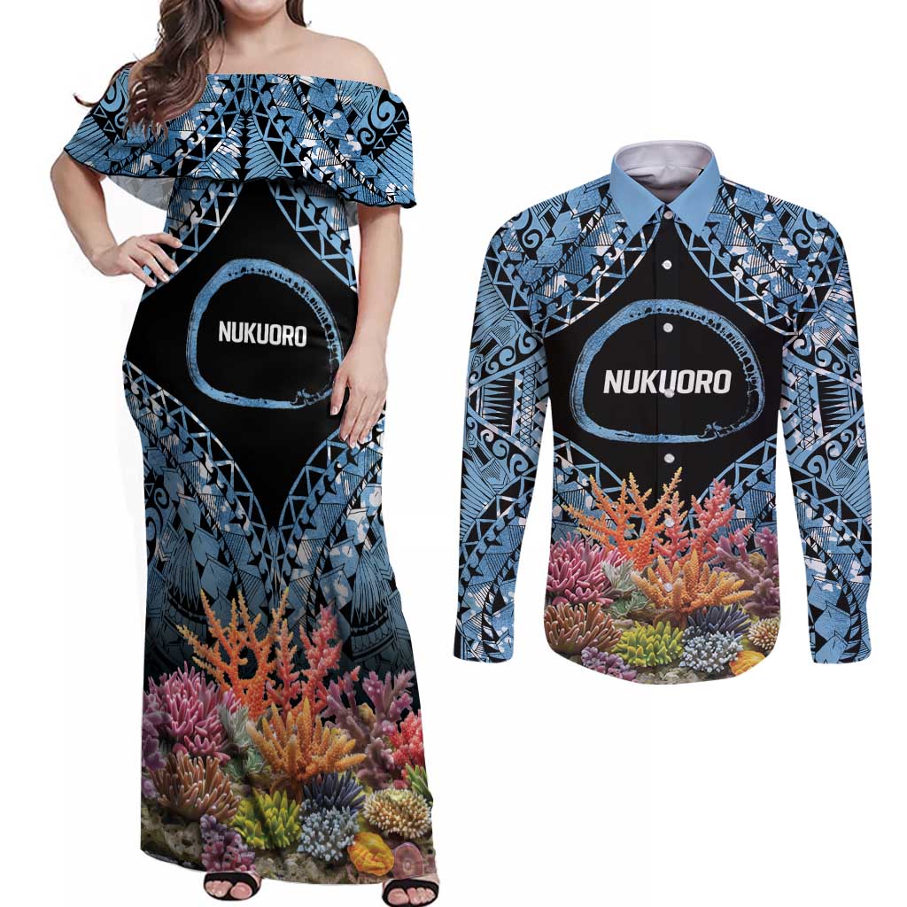 Personalised Nukuoro Micronesia Atoll Couples Matching Off Shoulder Maxi Dress and Long Sleeve Button Shirt with Pacific Coral Reef LT9 Blue - Polynesian Pride
