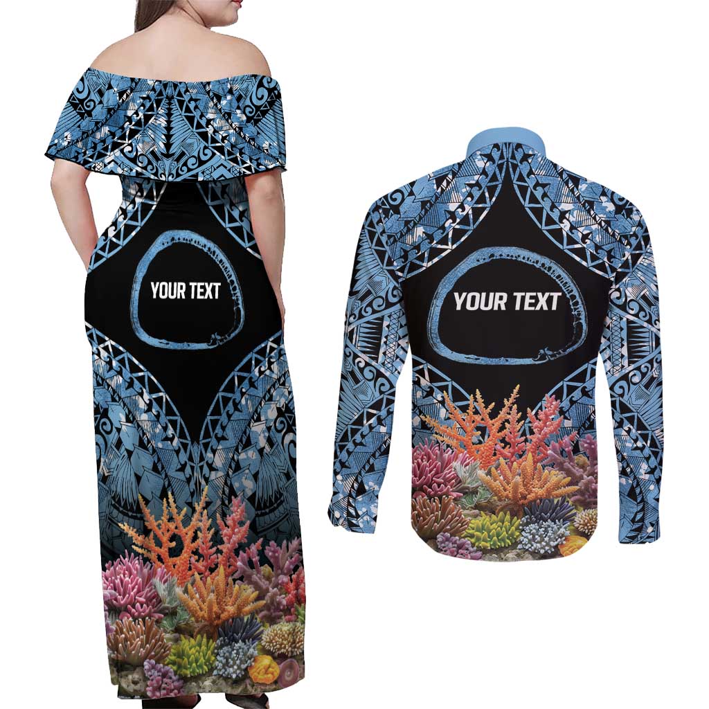 Personalised Nukuoro Micronesia Atoll Couples Matching Off Shoulder Maxi Dress and Long Sleeve Button Shirt with Pacific Coral Reef LT9 - Polynesian Pride