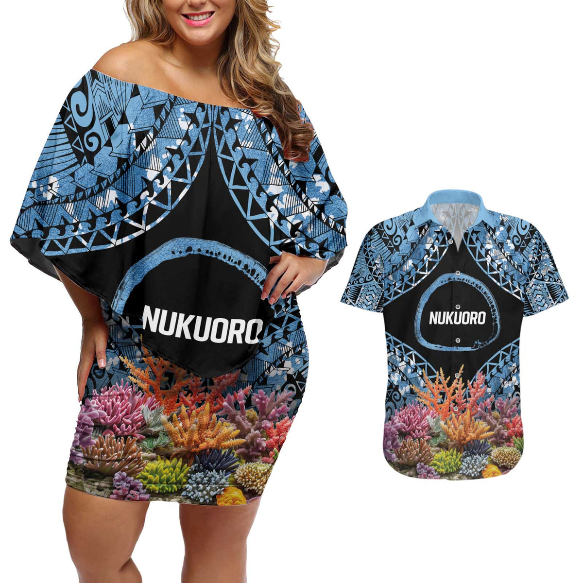 Personalised Nukuoro Micronesia Atoll Couples Matching Off Shoulder Short Dress and Hawaiian Shirt with Pacific Coral Reef LT9 Blue - Polynesian Pride