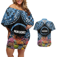 Personalised Nukuoro Micronesia Atoll Couples Matching Off Shoulder Short Dress and Hawaiian Shirt with Pacific Coral Reef LT9 Blue - Polynesian Pride