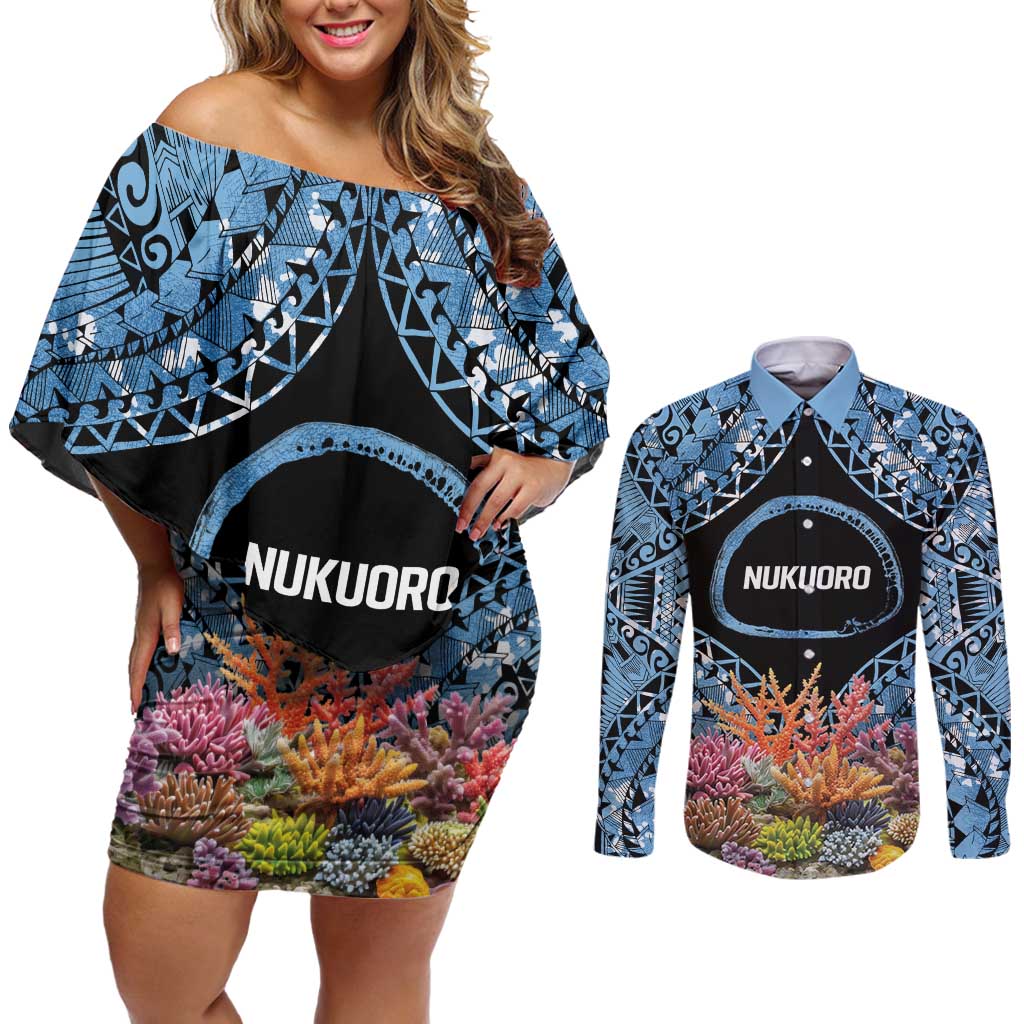 Personalised Nukuoro Micronesia Atoll Couples Matching Off Shoulder Short Dress and Long Sleeve Button Shirt with Pacific Coral Reef LT9 Blue - Polynesian Pride