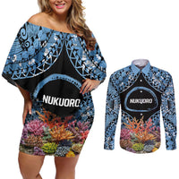 Personalised Nukuoro Micronesia Atoll Couples Matching Off Shoulder Short Dress and Long Sleeve Button Shirt with Pacific Coral Reef LT9 Blue - Polynesian Pride
