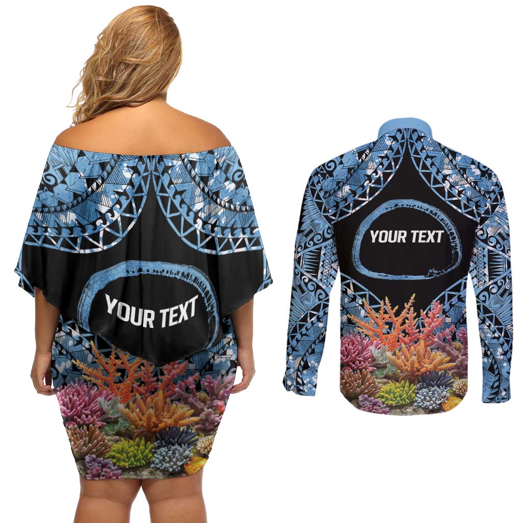Personalised Nukuoro Micronesia Atoll Couples Matching Off Shoulder Short Dress and Long Sleeve Button Shirt with Pacific Coral Reef LT9 - Polynesian Pride