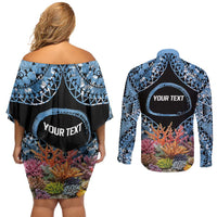Personalised Nukuoro Micronesia Atoll Couples Matching Off Shoulder Short Dress and Long Sleeve Button Shirt with Pacific Coral Reef LT9 - Polynesian Pride