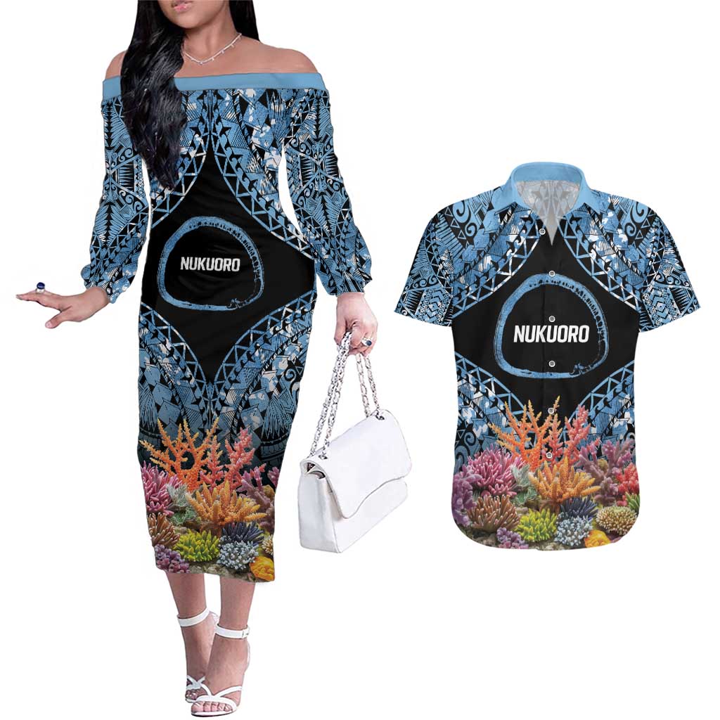 Personalised Nukuoro Micronesia Atoll Couples Matching Off The Shoulder Long Sleeve Dress and Hawaiian Shirt with Pacific Coral Reef LT9 Blue - Polynesian Pride
