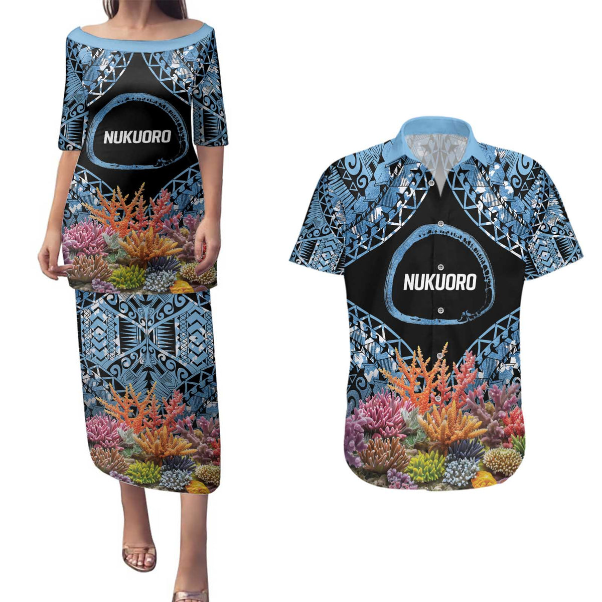 Personalised Nukuoro Micronesia Atoll Couples Matching Puletasi and Hawaiian Shirt with Pacific Coral Reef LT9 Blue - Polynesian Pride