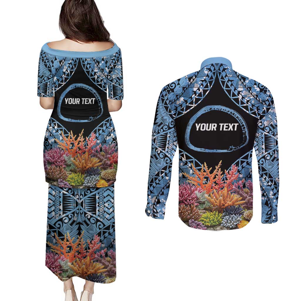 Personalised Nukuoro Micronesia Atoll Couples Matching Puletasi and Long Sleeve Button Shirt with Pacific Coral Reef LT9 - Polynesian Pride