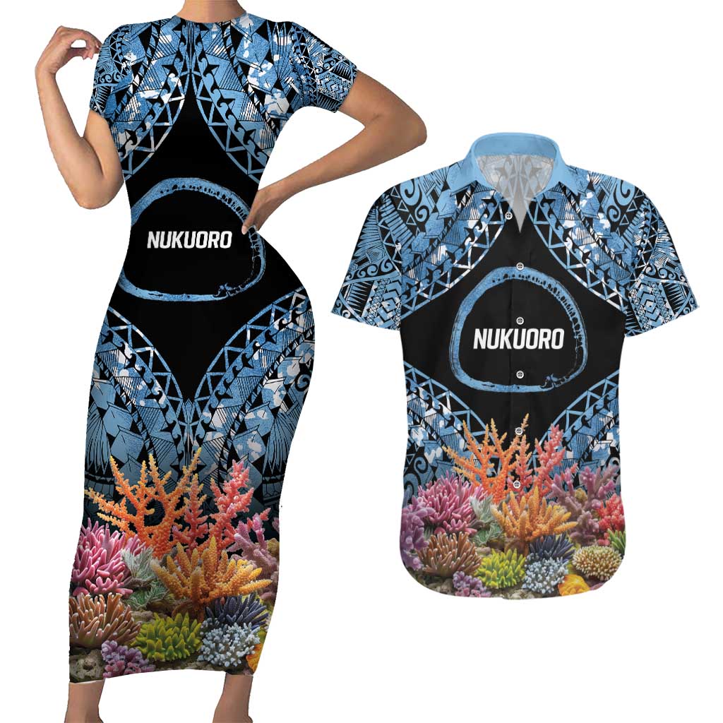 Personalised Nukuoro Micronesia Atoll Couples Matching Short Sleeve Bodycon Dress and Hawaiian Shirt with Pacific Coral Reef LT9 Blue - Polynesian Pride
