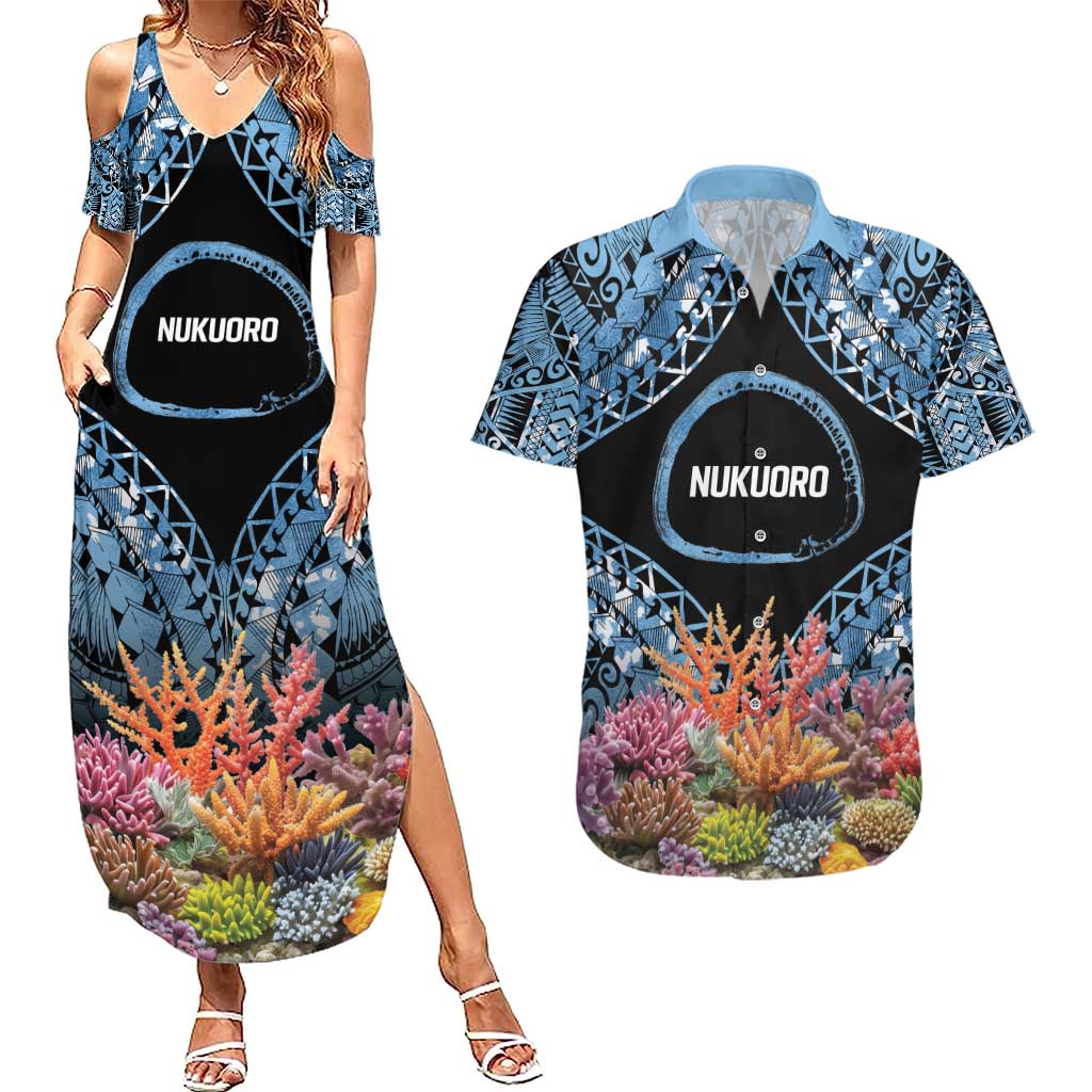 Personalised Nukuoro Micronesia Atoll Couples Matching Summer Maxi Dress and Hawaiian Shirt with Pacific Coral Reef LT9 Blue - Polynesian Pride