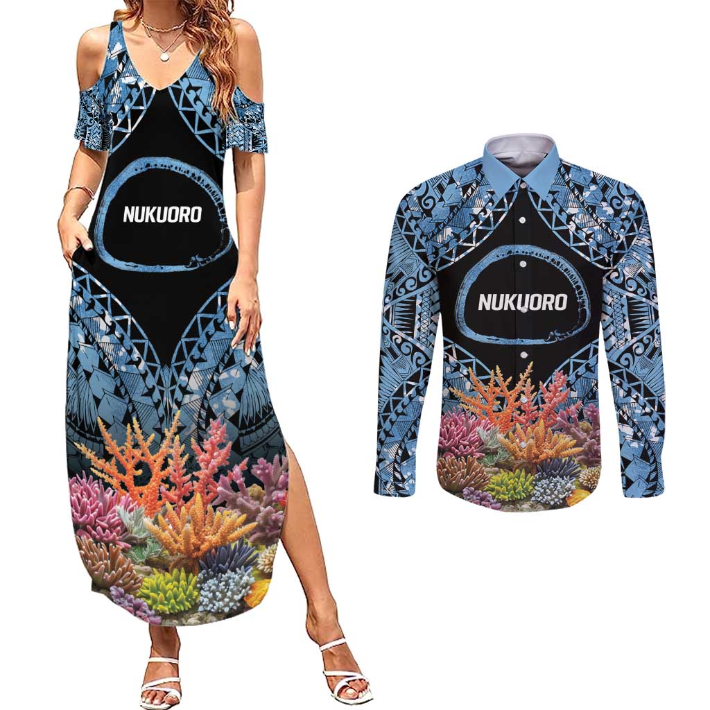 Personalised Nukuoro Micronesia Atoll Couples Matching Summer Maxi Dress and Long Sleeve Button Shirt with Pacific Coral Reef LT9 Blue - Polynesian Pride