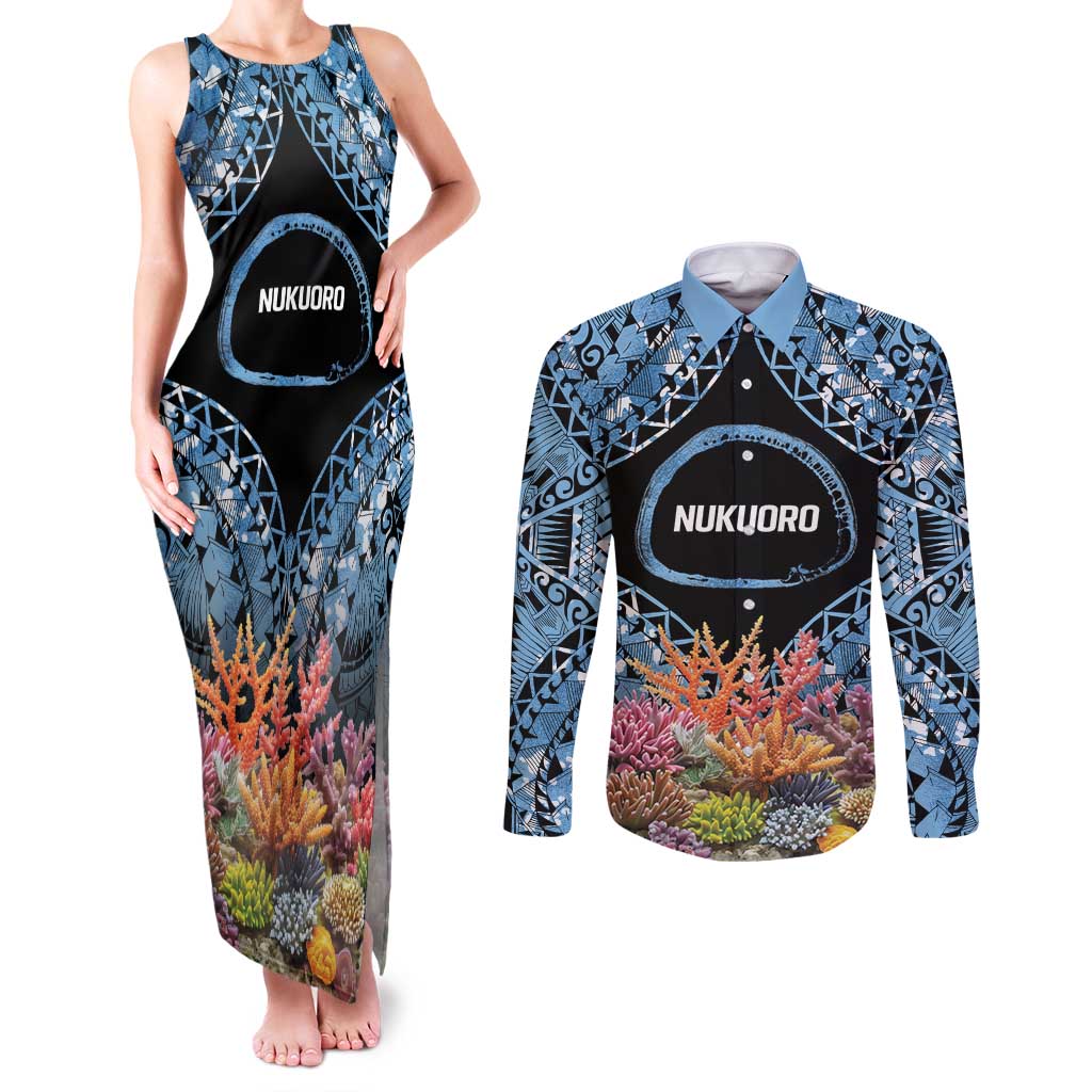 Personalised Nukuoro Micronesia Atoll Couples Matching Tank Maxi Dress and Long Sleeve Button Shirt with Pacific Coral Reef LT9 Blue - Polynesian Pride