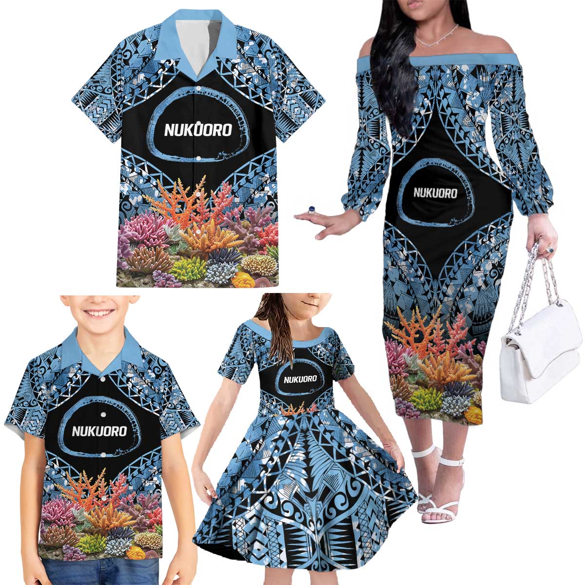 Personalised Nukuoro Micronesia Atoll Family Matching Off The Shoulder Long Sleeve Dress and Hawaiian Shirt with Pacific Coral Reef