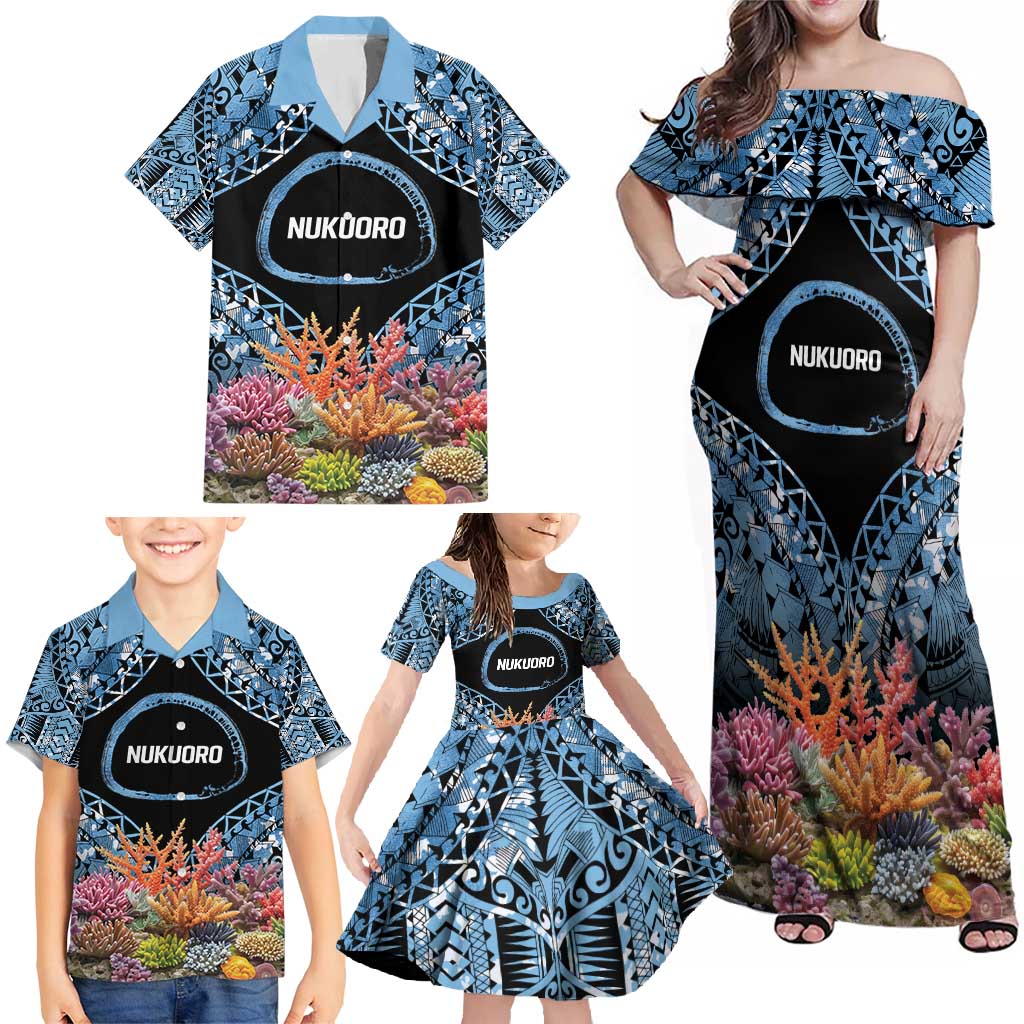 Personalised Nukuoro Micronesia Atoll Family Matching Off Shoulder Maxi Dress and Hawaiian Shirt with Pacific Coral Reef LT9 - Polynesian Pride