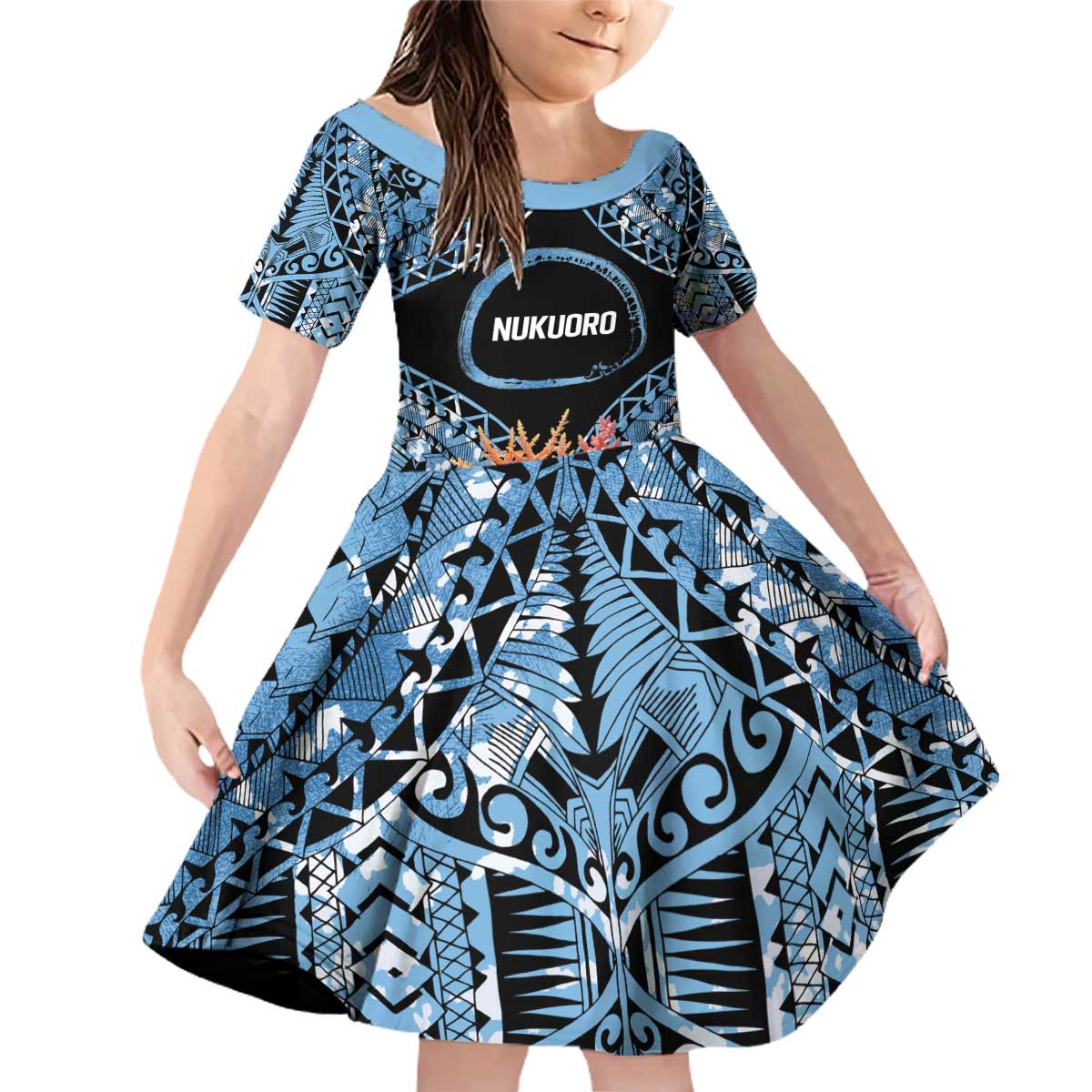 Personalised Nukuoro Micronesia Atoll Family Matching Off Shoulder Short Dress and Hawaiian Shirt with Pacific Coral Reef