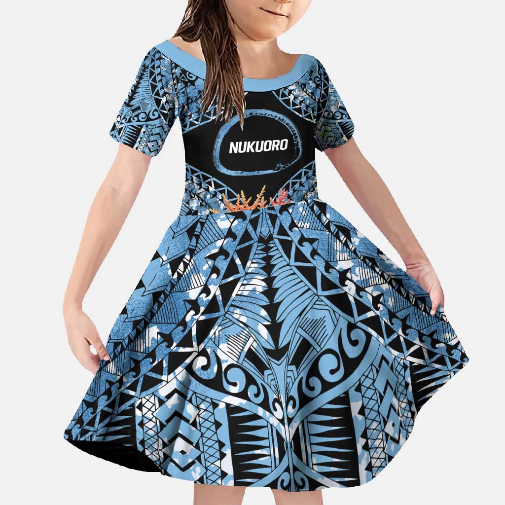 Personalised Nukuoro Micronesia Atoll Family Matching Summer Maxi Dress and Hawaiian Shirt with Pacific Coral Reef LT9 Daughter's Dress Blue - Polynesian Pride