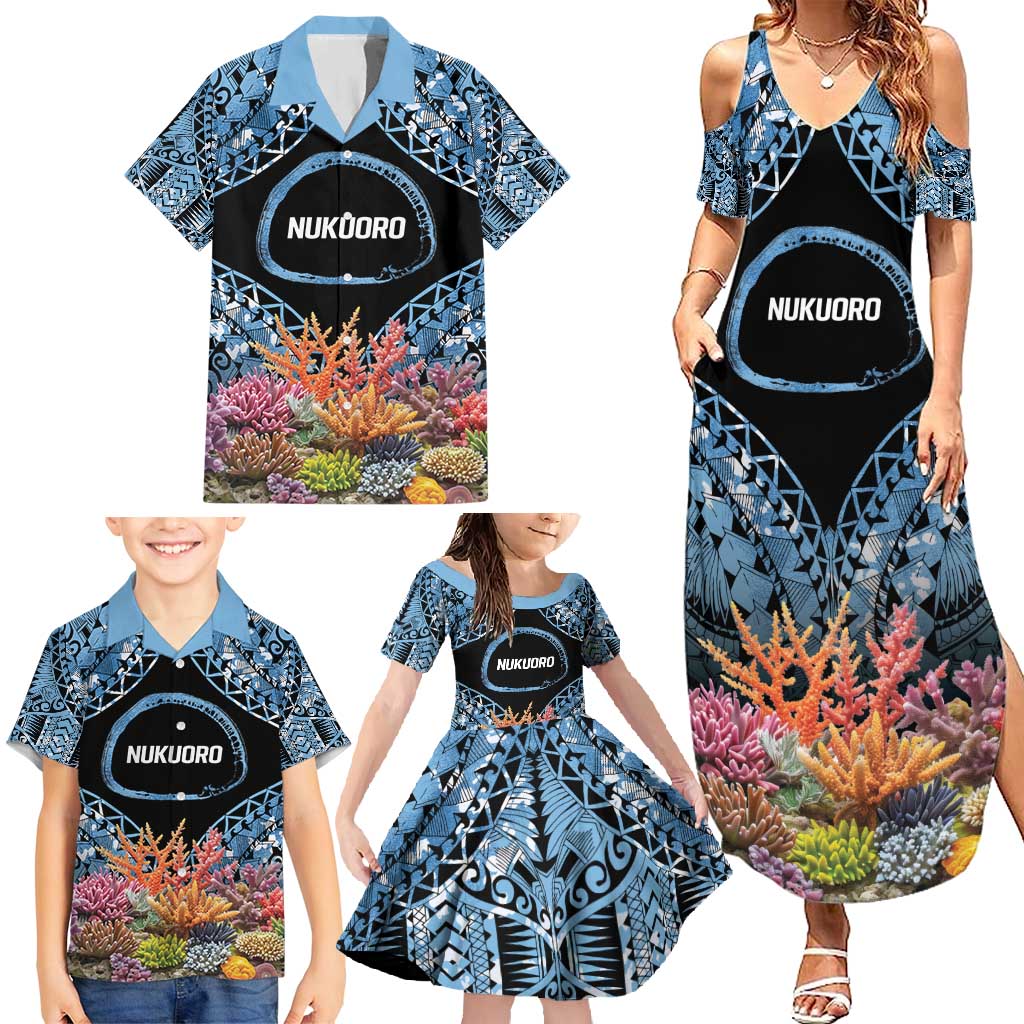 Personalised Nukuoro Micronesia Atoll Family Matching Summer Maxi Dress and Hawaiian Shirt with Pacific Coral Reef