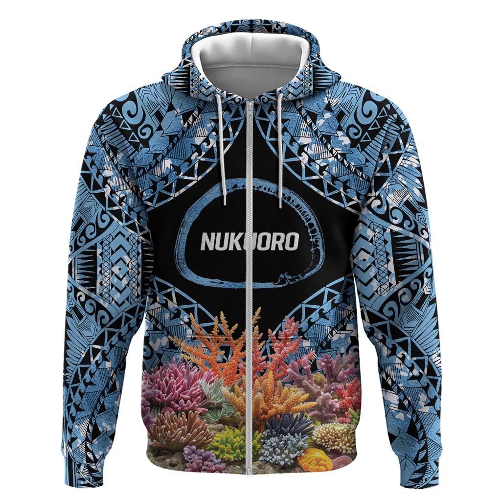 Personalised Nukuoro Micronesia Atoll Hoodie with Pacific Coral Reef LT9 Zip Hoodie Blue - Polynesian Pride