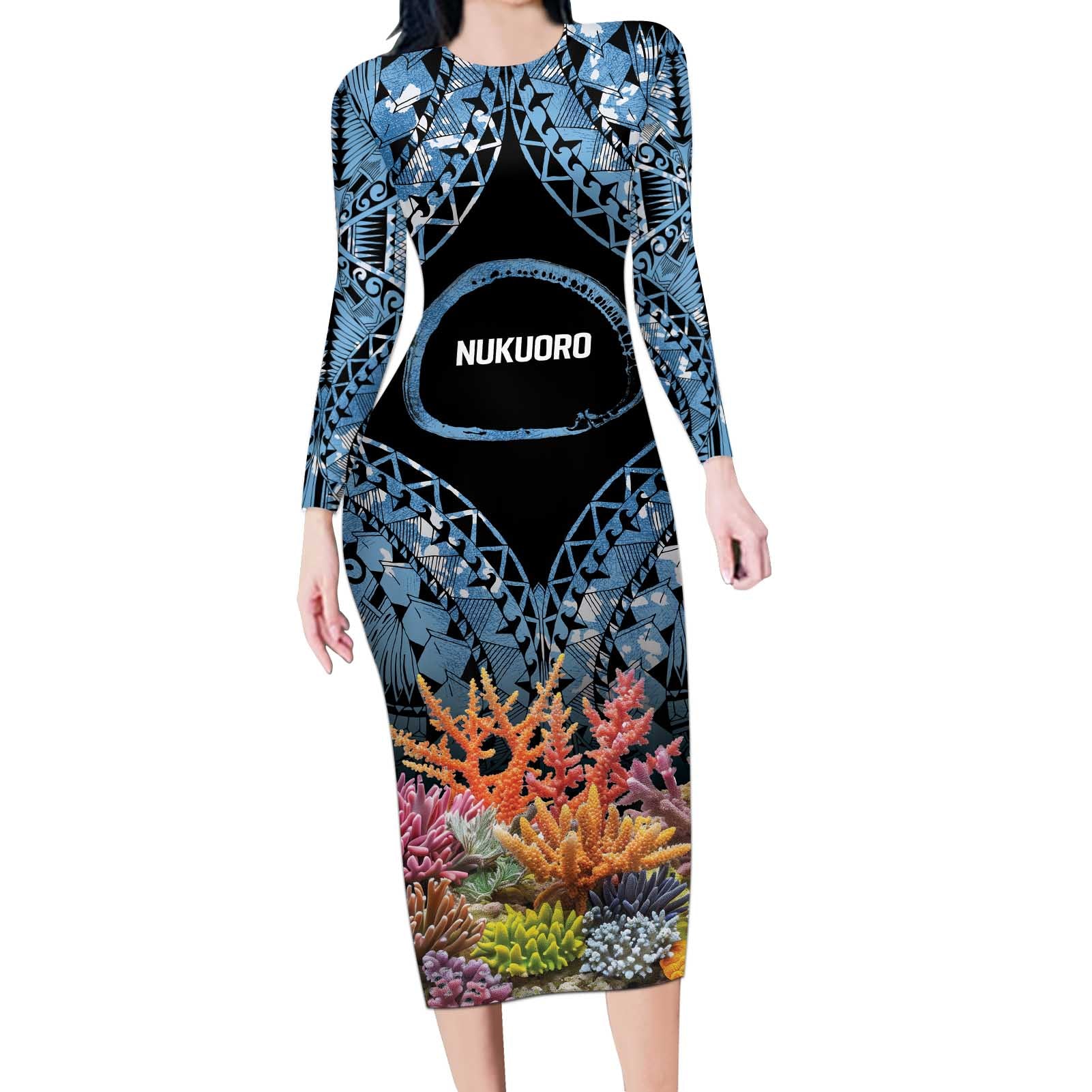 Personalised Nukuoro Micronesia Atoll Long Sleeve Bodycon Dress with Pacific Coral Reef