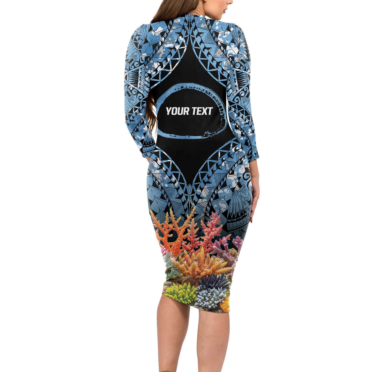 Personalised Nukuoro Micronesia Atoll Long Sleeve Bodycon Dress with Pacific Coral Reef