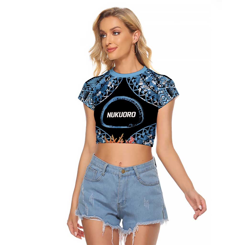 Personalised Nukuoro Micronesia Atoll Raglan Cropped T Shirt with Pacific Coral Reef LT9 Female Blue - Polynesian Pride