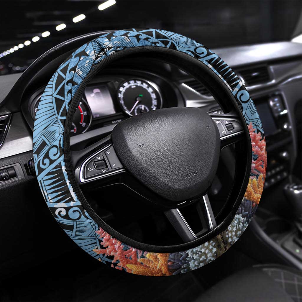 Nukuoro Micronesia Atoll Steering Wheel Cover with Pacific Coral Reef LT9 Universal Fit Blue - Polynesian Pride