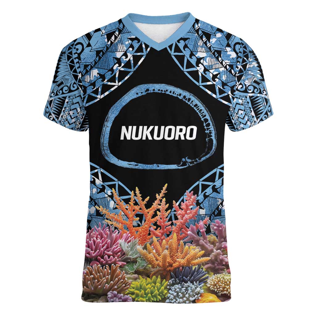 Personalised Nukuoro Micronesia Atoll Women V-Neck T-Shirt with Pacific Coral Reef LT9 Female Blue - Polynesian Pride