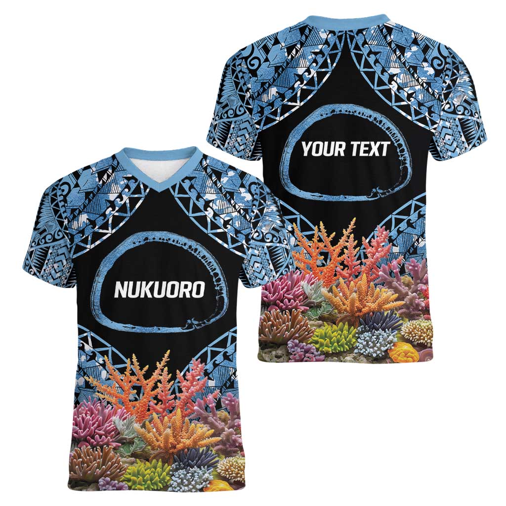 Personalised Nukuoro Micronesia Atoll Women V-Neck T-Shirt with Pacific Coral Reef LT9 - Polynesian Pride