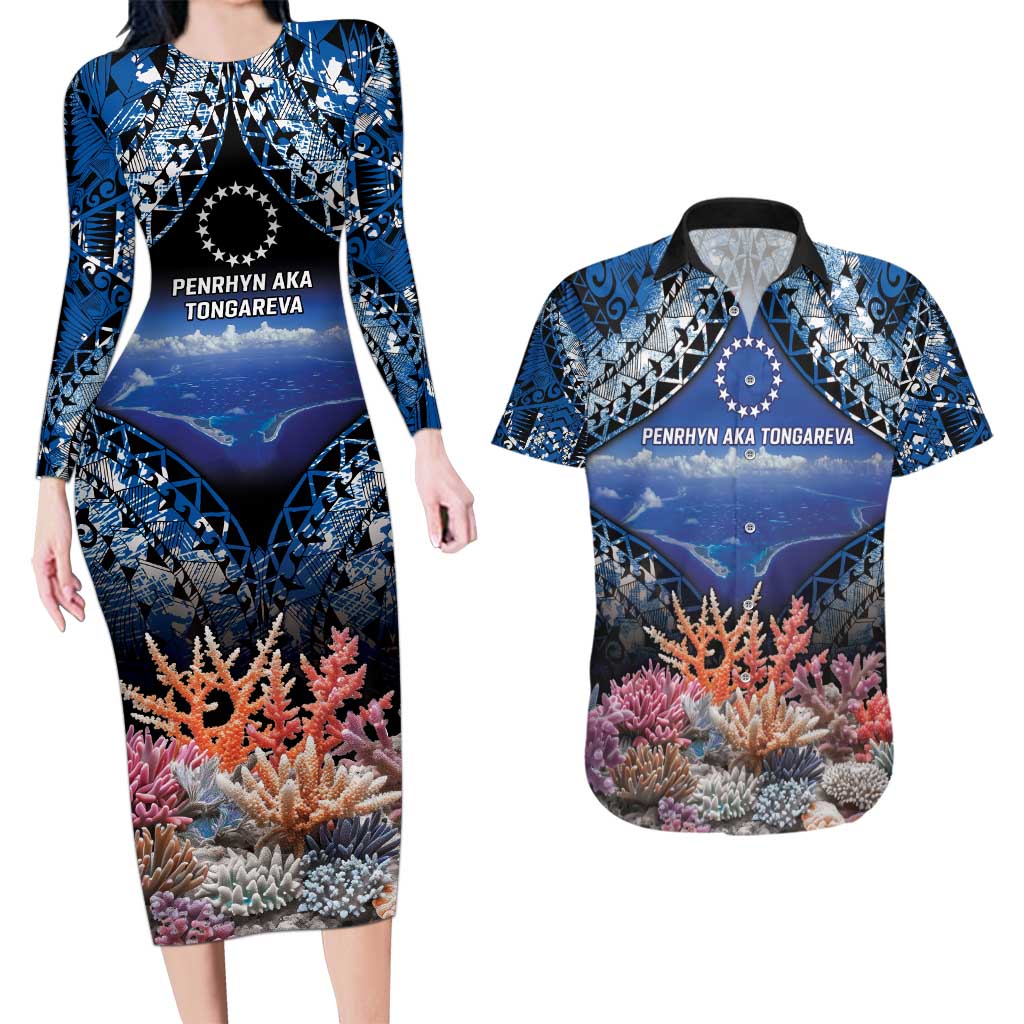 Penrhyn aka Tongareva Cook Islands Atoll Personalised Couples Matching Long Sleeve Bodycon Dress and Hawaiian Shirt with Pacific Coral Reef Blue Vibe