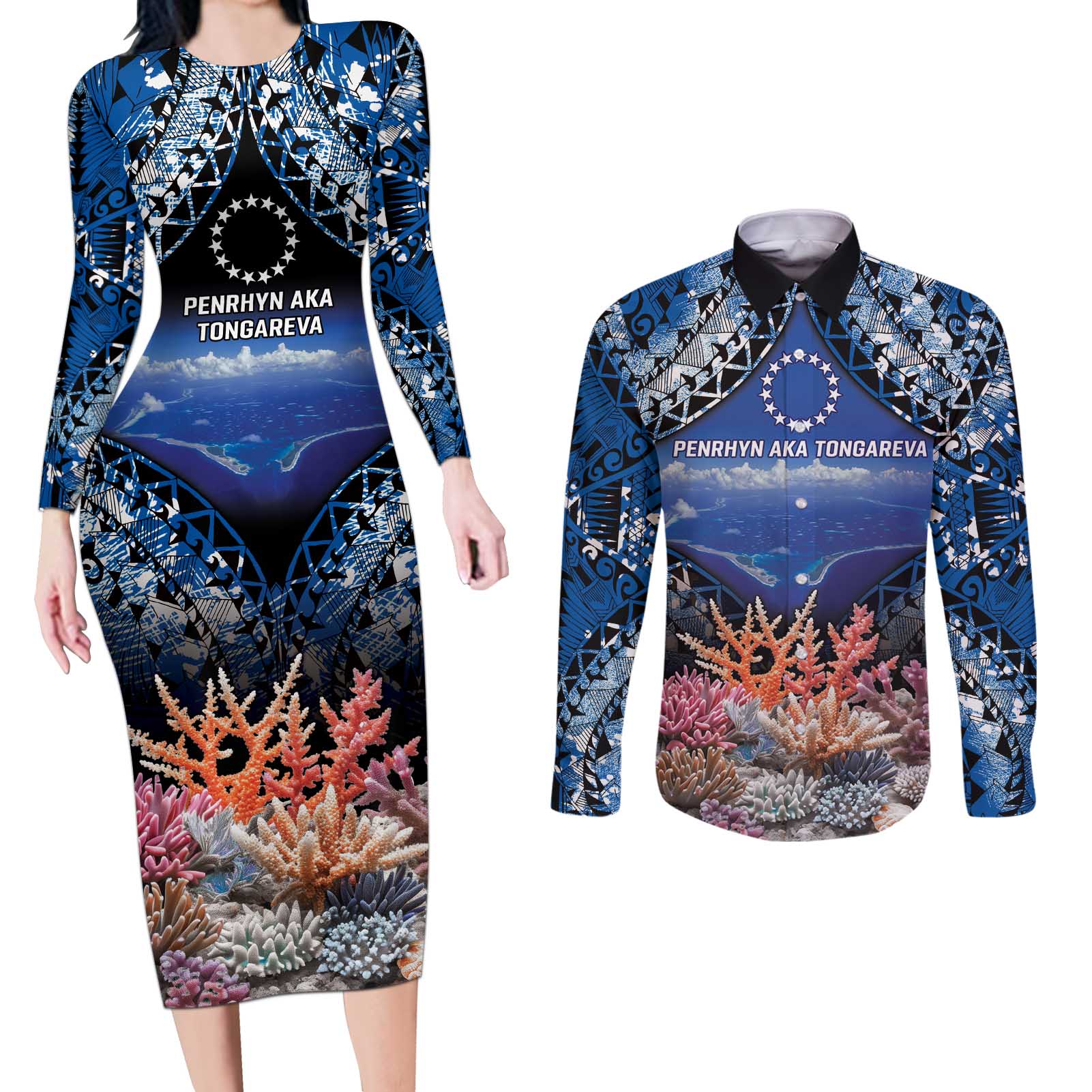 Penrhyn aka Tongareva Cook Islands Atoll Personalised Couples Matching Long Sleeve Bodycon Dress and Long Sleeve Button Shirt with Pacific Coral Reef Blue Vibe