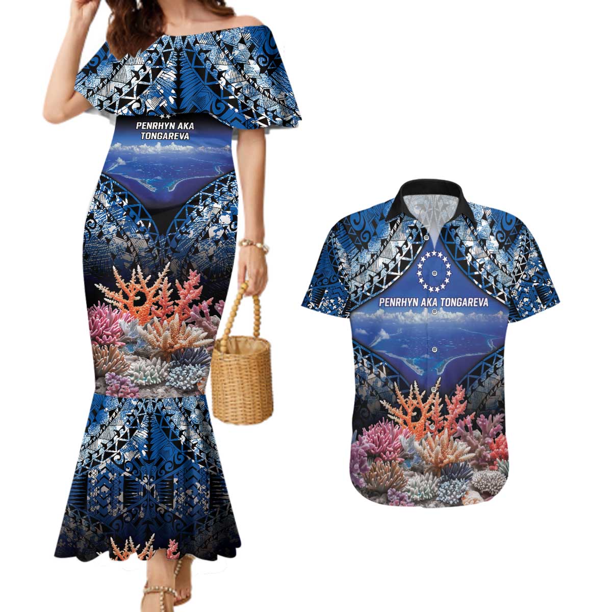 Penrhyn aka Tongareva Cook Islands Atoll Personalised Couples Matching Mermaid Dress and Hawaiian Shirt with Pacific Coral Reef Blue Vibe