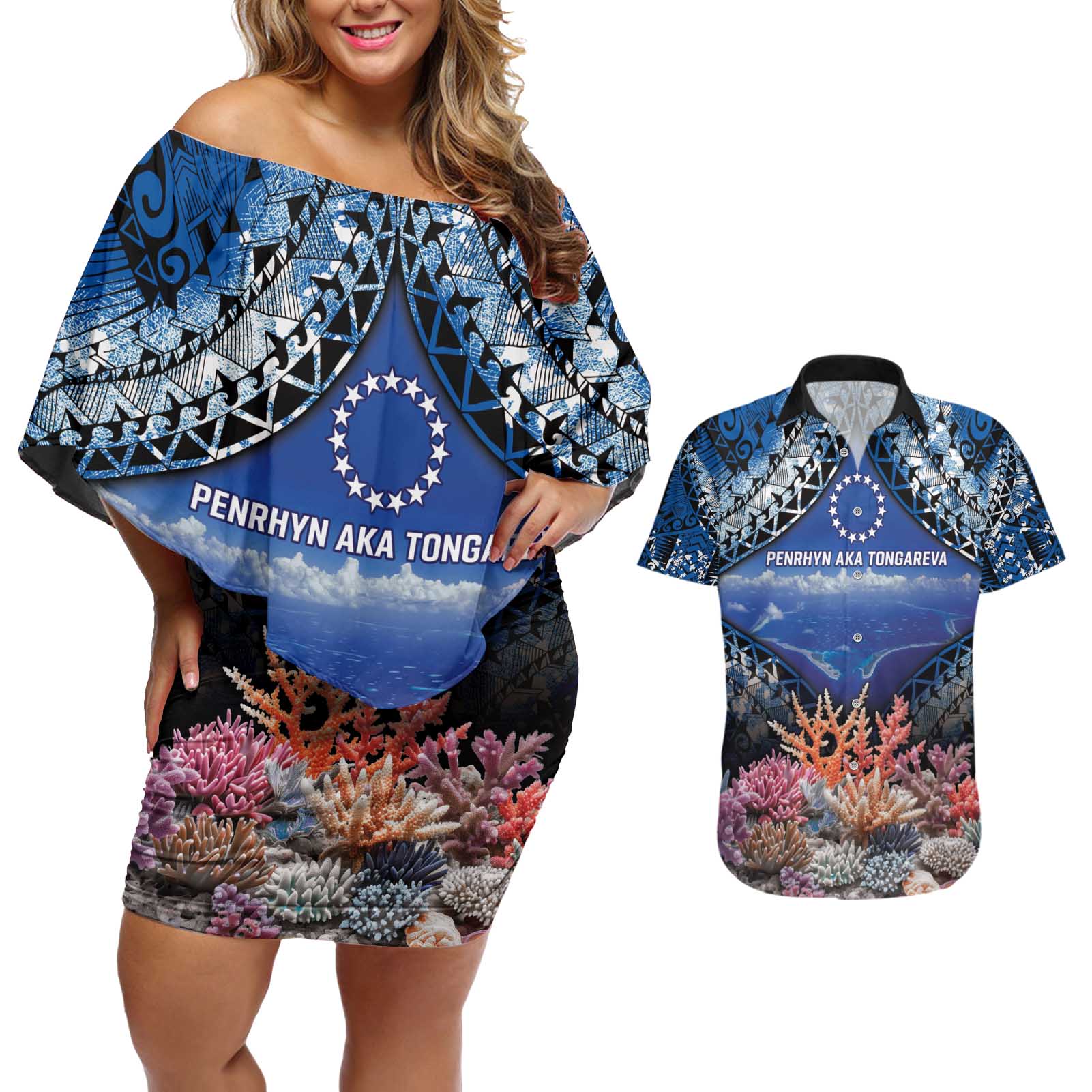 Penrhyn aka Tongareva Cook Islands Atoll Personalised Couples Matching Off Shoulder Short Dress and Hawaiian Shirt with Pacific Coral Reef Blue Vibe