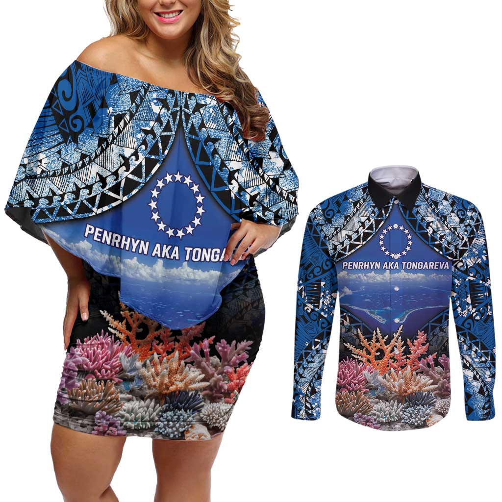 Penrhyn aka Tongareva Cook Islands Atoll Personalised Couples Matching Off Shoulder Short Dress and Long Sleeve Button Shirt with Pacific Coral Reef Blue Vibe