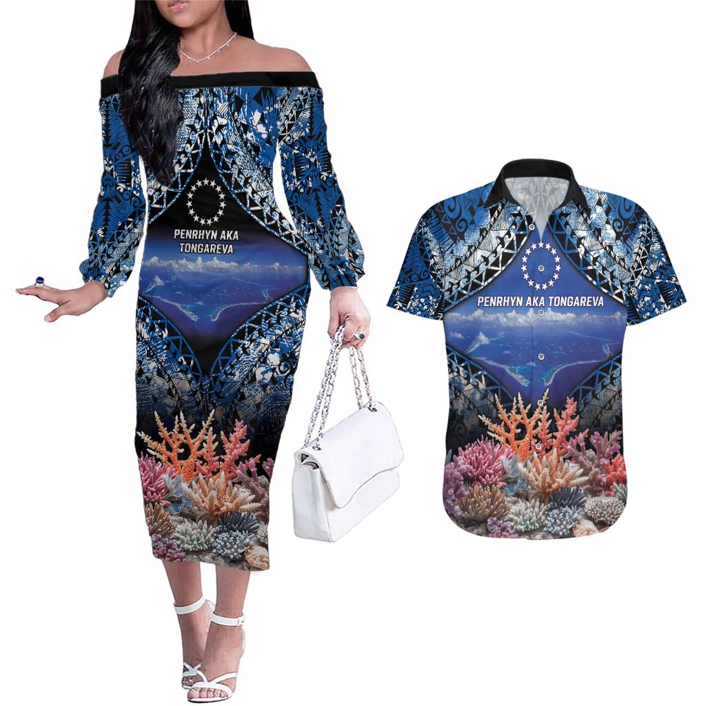 Penrhyn aka Tongareva Cook Islands Atoll Personalised Couples Matching Off The Shoulder Long Sleeve Dress and Hawaiian Shirt with Pacific Coral Reef Blue Vibe