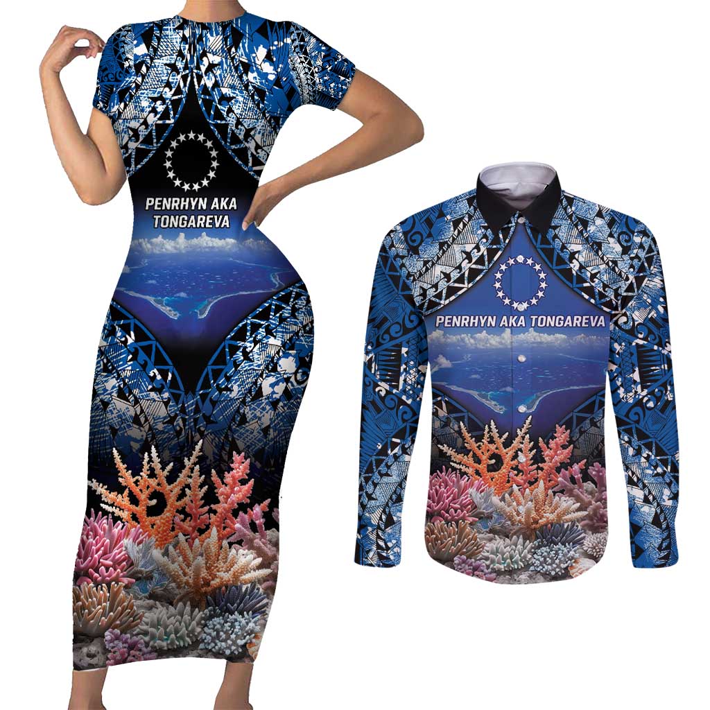 Penrhyn aka Tongareva Cook Islands Atoll Personalised Couples Matching Short Sleeve Bodycon Dress and Long Sleeve Button Shirt with Pacific Coral Reef Blue Vibe